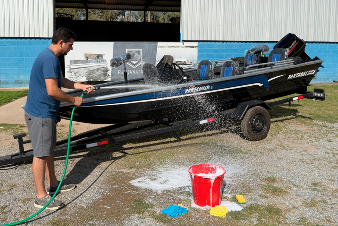 Homem lavando barco de alumínio com mangueira, mostrando a limpeza fácil